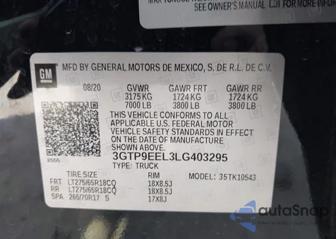 2020 GMC Sierra 1500 4Wd Short Box At4 from USA, damaged, VIN 3GTP9EEL3LG403295